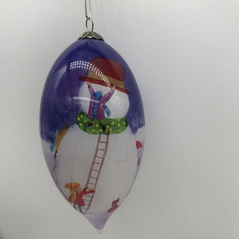 Pier 1 Li Bien 2011 Snowman Glass Ornament Hand Painted Teardrop Christmas Boxed